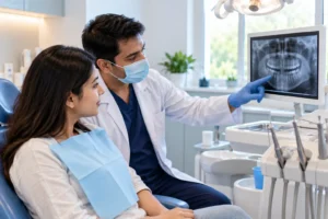 Oral surgeon in Behala examining a patient before a wisdom tooth extraction
